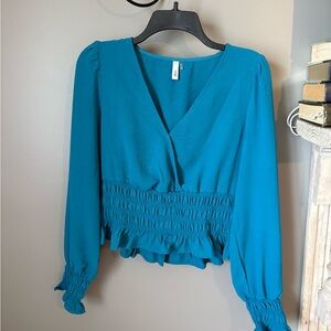 glam Teal V-Neck Smocked Waist Blouse